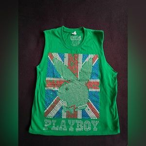 Playboy Spelled Out Logo Bunny UK Flag Hand Cut Sleeveless T-shirt Size M RARE!